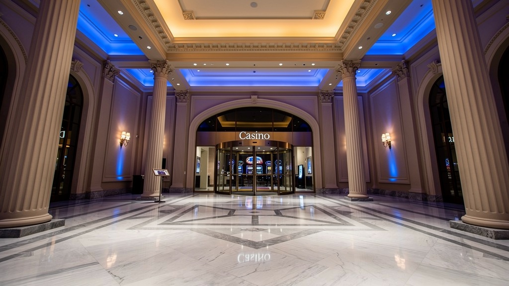 Interior de casino terrestre argentino, lobby de entrada