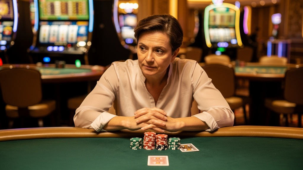 Concepto de juego responsable — persona reflexionando antes de entrar a un casino