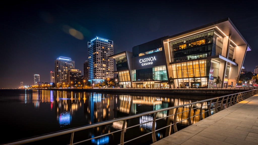 Casino Buenos Aires en Puerto Madero, edificio moderno junto al Río de la Plata iluminado de noche