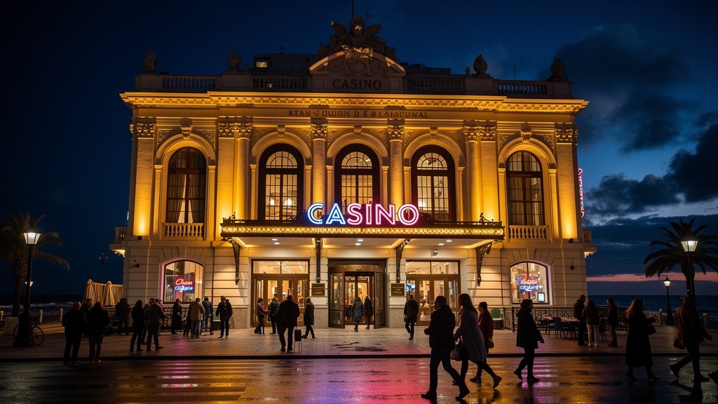 Fachada del Casino Central de Mar del Plata iluminada de noche, costa atlántica argentina