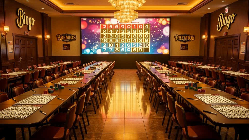 Sala de bingo en casino con pantalla de números