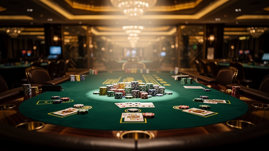 Mesa de póker con fichas y cartas en casino