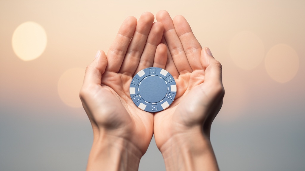 Imagen conceptual de juego responsable — manos sosteniendo una ficha de casino, concepto de ayuda y apoyo