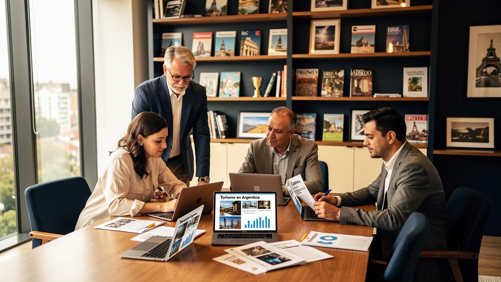 Equipo editorial de LuckyRatingHub en oficina de Buenos Aires revisando guías sobre casinos argentinos