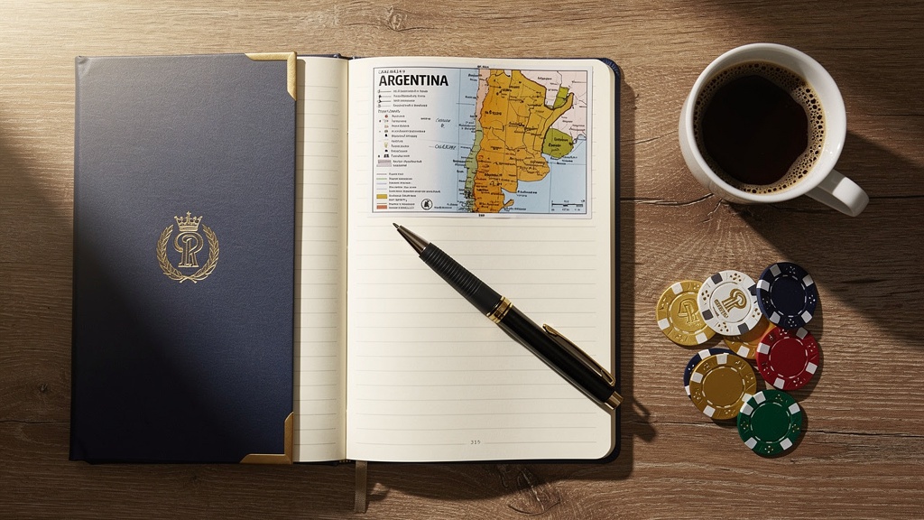 Escritorio de trabajo editorial con mapa de Argentina, cuaderno de notas y materiales de investigación sobre casinos terrestres