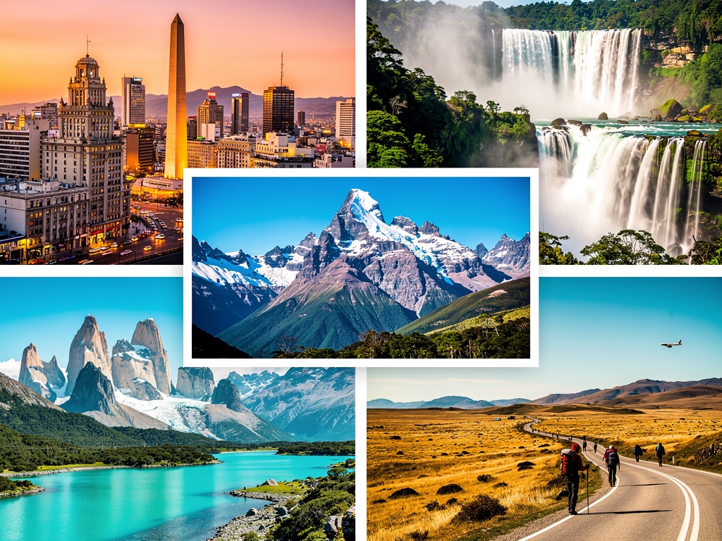Paisaje turístico de Argentina: Buenos Aires, Cataratas del Iguazú, Andes y Patagonia en un collage de viaje