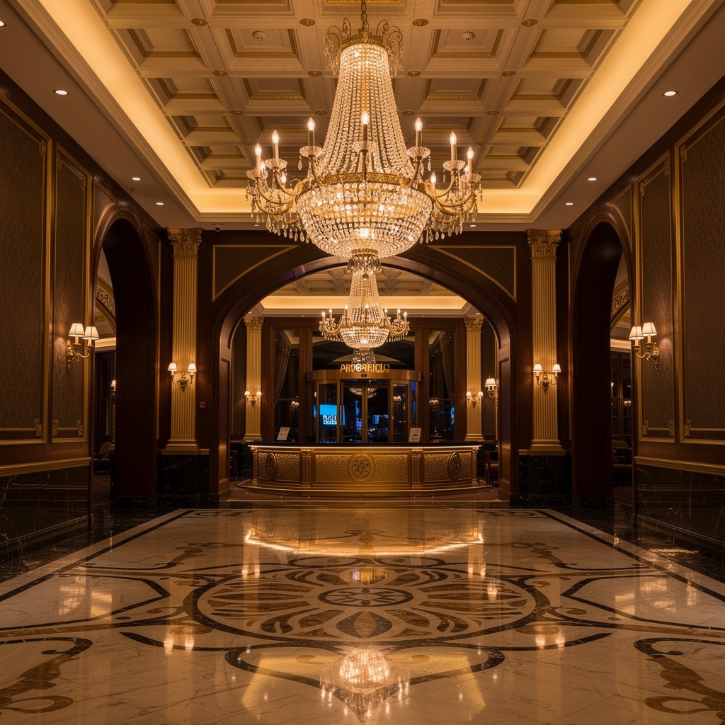 Lobby de un casino terrestre elegante con lámparas de araña y pisos de mármol, Argentina