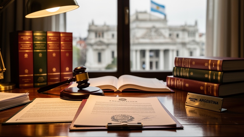 Documentos legales y libros de derecho sobre regulación del juego en Argentina, escritorio con gavel y sello oficial